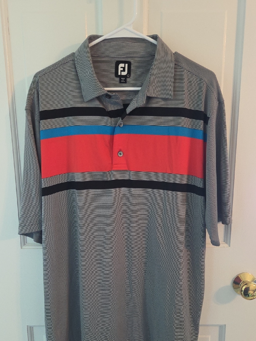 FootJoy Grey Polo with Red and Blue Chest Stripes